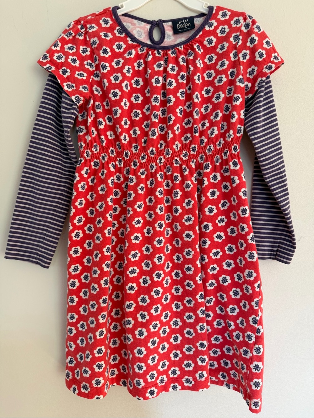 Mini Boden Floral Dress with Navy Stripe Sleeves Girls 7 8